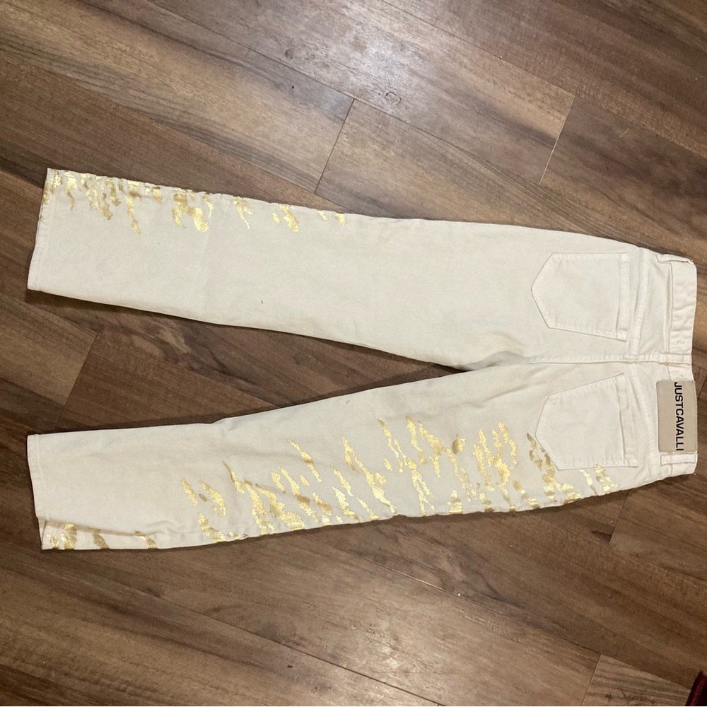 Vintage Roberto Cavalli White Zebra Gold Foil Pants Sz 26 - Picture 7 of 8